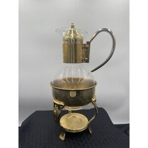 Vintage Princess House Heritage Crystal & BrassCoffee Tea Pot Carafe Warmer